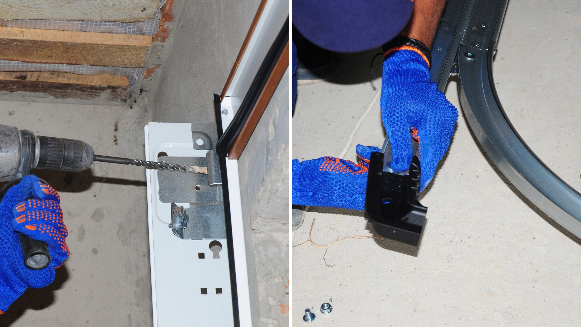 A technician tightening garage door hardware on the left of the picture. On the other hand, he is realigning the garage door tracks