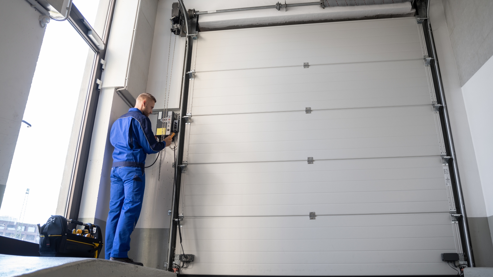 A technician testing the newly installed industrial garage door