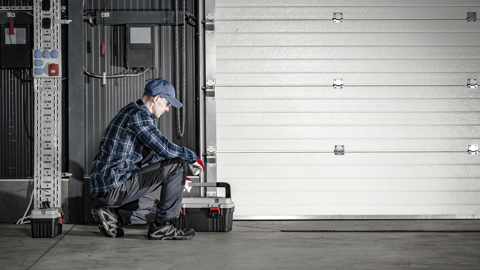 A garage door technician performing urgent repair service on a commercial door