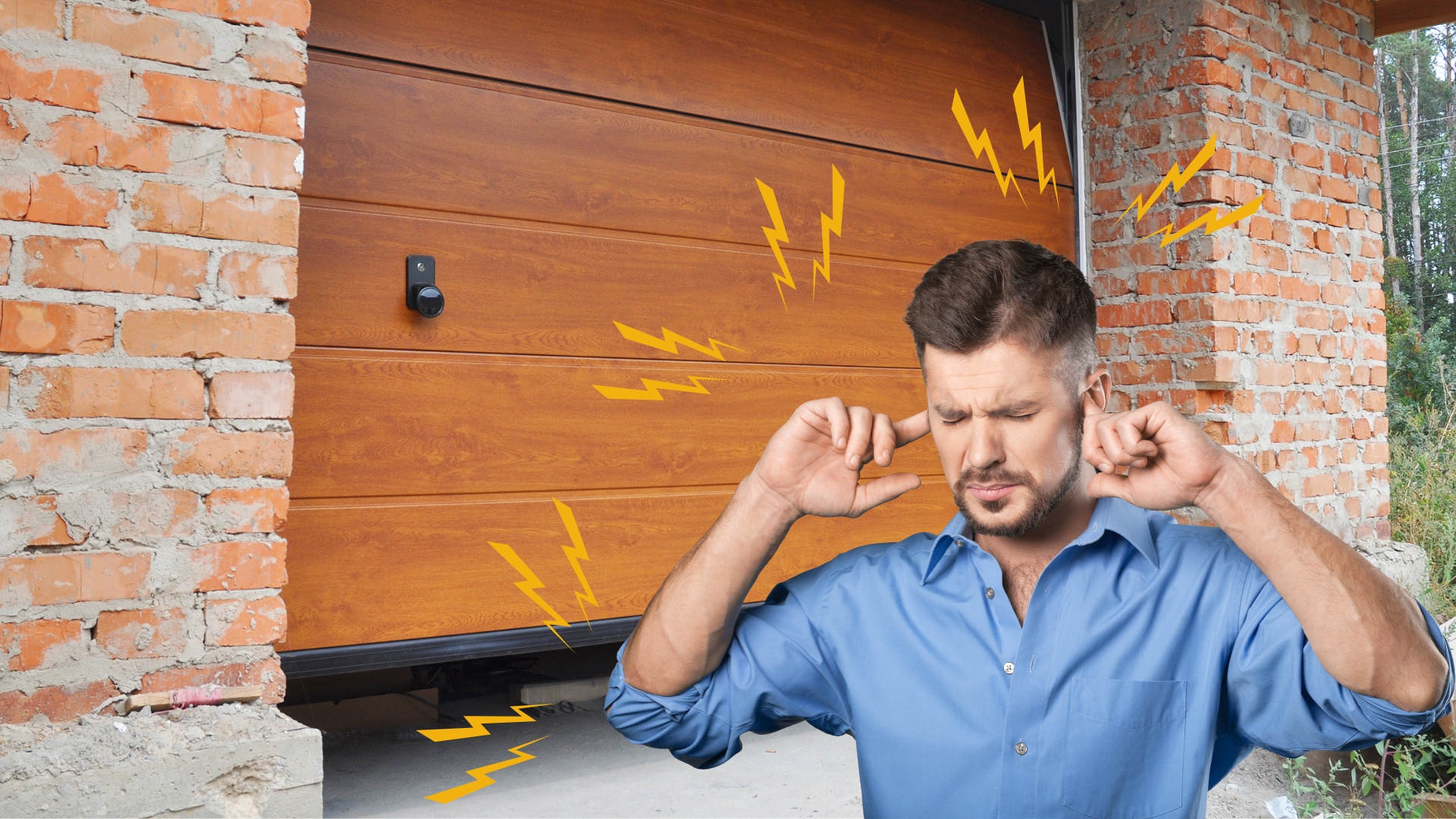 A man covering his ears in front of a noisy garage door