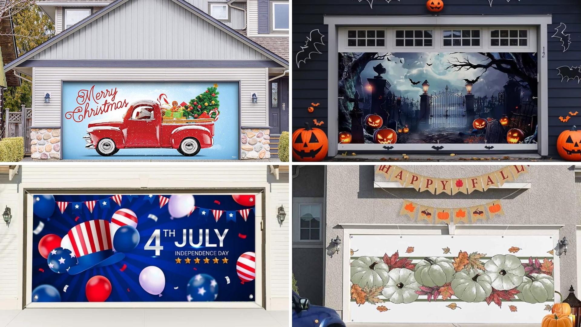 A garage door with festive seasonal decorations and embellishments.