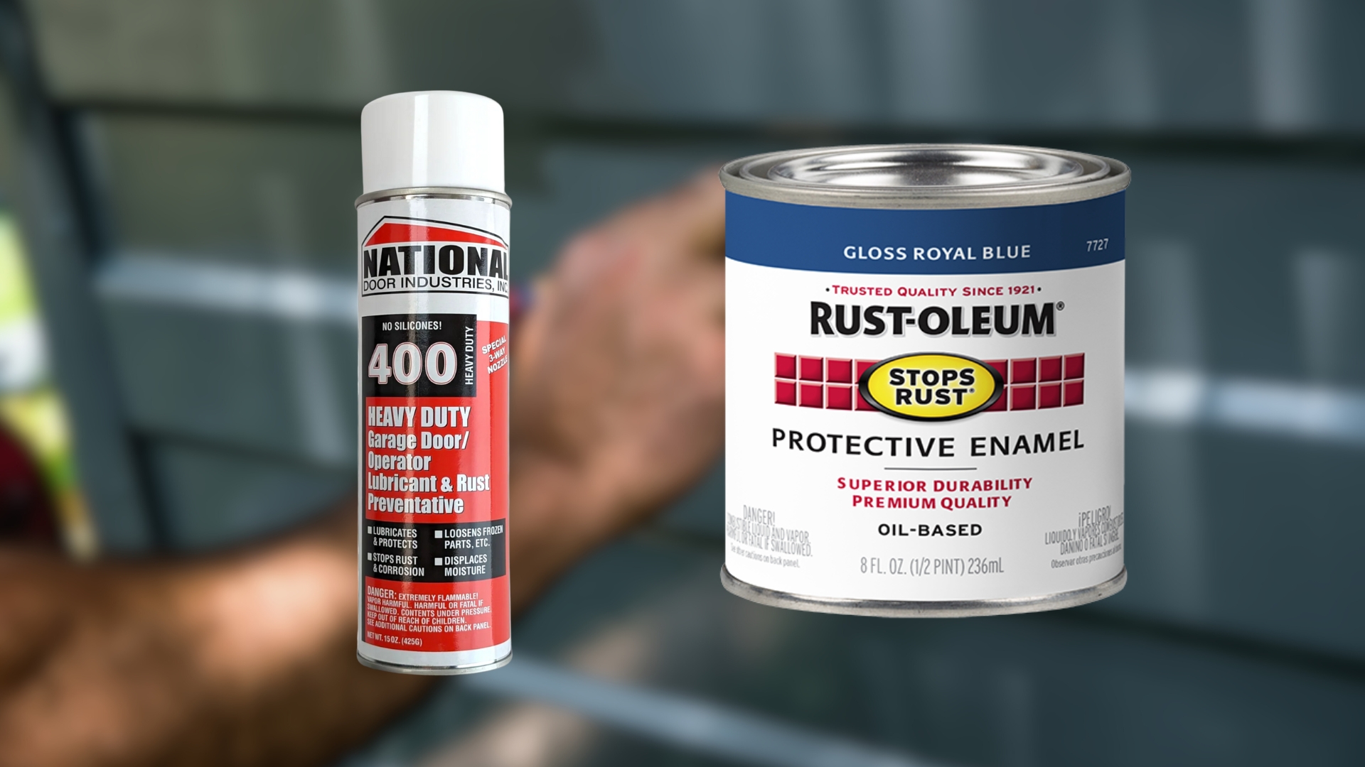 Rust-prevention spray and enamel paint for maintaining painted garage doors.